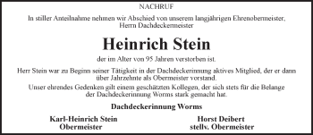 Traueranzeige von Heinrich Stein von  Wormser Zeitung