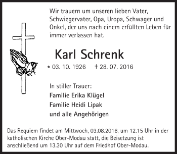 Traueranzeige von Karl Schrenk von Trauerportal Echo Online