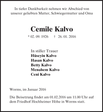Traueranzeige von Cemile Kalvo von  Wormser Zeitung