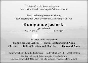 Traueranzeige von Kunigunde Jasinski von Trauerportal Rhein Main Presse
