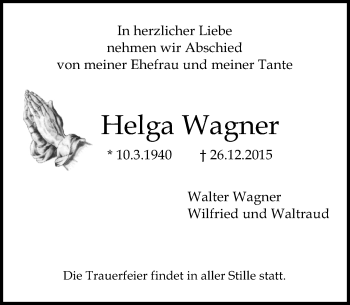 Traueranzeige von Helga Wagner von  Allgemeine Zeitung Mainz