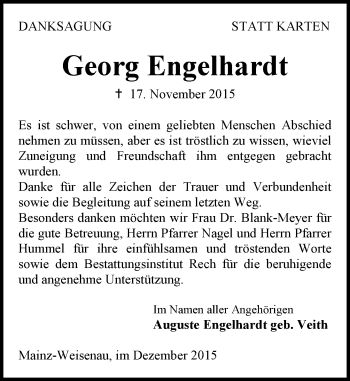 Traueranzeige von Georg Engelhardt von  Allgemeine Zeitung Mainz