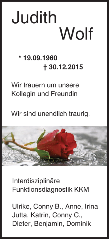 Traueranzeige von Judith Wolf von  Allgemeine Zeitung Mainz