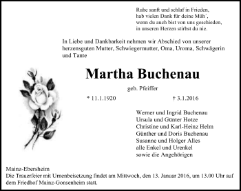 Traueranzeige von Martha Buchenau von  Allgemeine Zeitung Mainz
