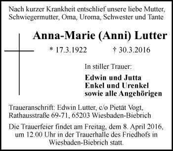 Traueranzeige von Anna-Marie Lutter von  Wiesbaden komplett