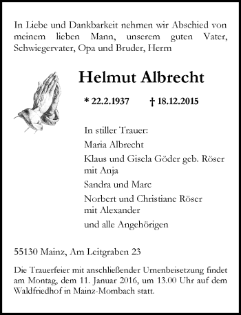 Traueranzeige von Helmut Albrecht von  Allgemeine Zeitung Mainz