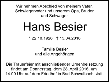 Traueranzeige von Hans Besier von  WK-UTA/Aar-Bote