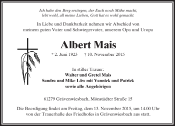 Traueranzeige von Albert Mais von  Usinger Anzeiger