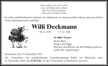 Traueranzeige von Willi Deckmann von  Kreisanzeiger