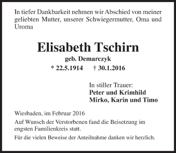 Traueranzeige von Elisabeth Tschirn von  Wiesbaden komplett