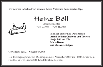 Traueranzeige von Heinz Böll von  Wormser Zeitung