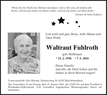 Traueranzeige von Waltraut Fuhlroth von  Wiesbaden komplett
