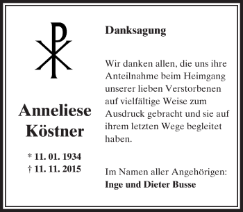 Traueranzeige von Anneliese Köstner von  Wormser Zeitung