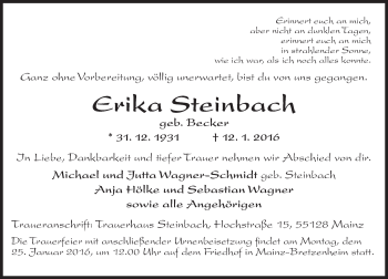 Traueranzeige von Erika Steinbach von  Allgemeine Zeitung Mainz