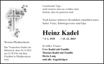 Traueranzeige von Heinz Kadel von  Wormser Zeitung
