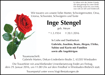 Traueranzeige von Inge Stengel von  Wiesbaden komplett