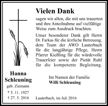 Traueranzeige von Hanna Schleuning von  OK Oberhessen Kurier
