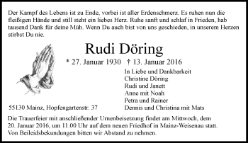 Traueranzeige von Rudi Döring von  Allgemeine Zeitung Mainz