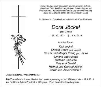 Traueranzeige von Dora Jöckel von VRM Trauer