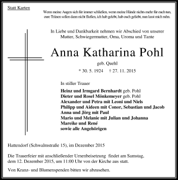 Traueranzeige von Anna Katharina Pohl von VRM Trauer