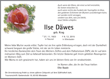 Traueranzeige von Ilse Däwes von  Wiesbaden komplett