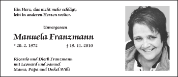 Traueranzeige von Manuela Franzmann von  Allg. Zeitung Bad Kreuznach