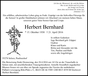 Traueranzeige von Herbert Bernhard von  Allgemeine Zeitung Mainz
