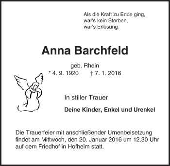 Traueranzeige von Anna Barchfeld von  Bürstädter Zeitung