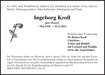 Traueranzeige von Ingeborg Kroll von  Wiesbaden komplett