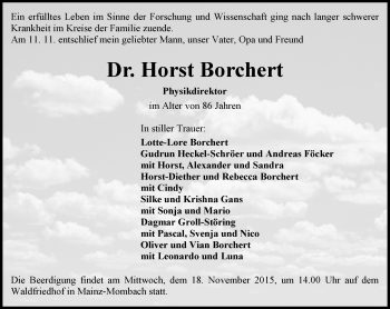 Traueranzeige von Horst Borchert von  Allgemeine Zeitung Mainz