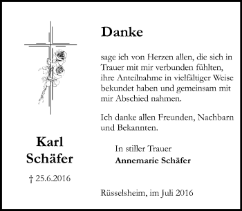 Traueranzeige von Karl Schäfer von Trauerportal Rhein Main Presse
