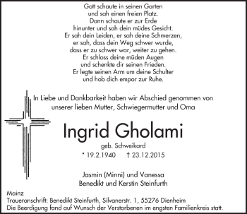 Traueranzeige von Ingrid Gholami von  Allgemeine Zeitung Mainz