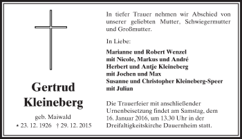 Traueranzeige von Gertrud Kleineberg von  Kreisanzeiger