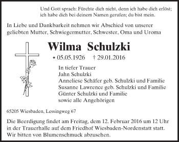 Traueranzeige von Wilma Schulzki von  Wiesbaden komplett