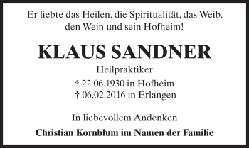 Traueranzeige von Klaus Sandner von  Hofheimer Zeitung