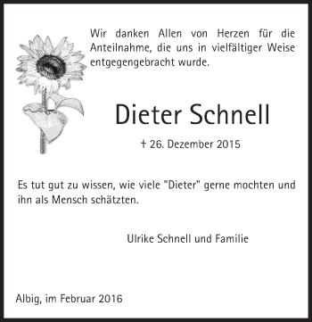 Traueranzeige von Dieter Schnell von  Allgemeine Zeitung Alzey