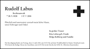 Traueranzeige von Rudolf Labus von Trauerportal Rhein Main Presse