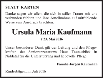 Traueranzeige von Ursula Maria Kaufmann von  Sonntags Anzeiger