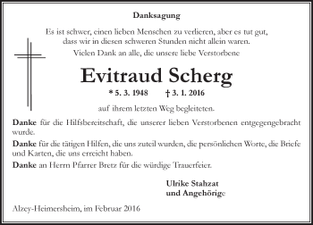 Traueranzeige von Evitraud Scherg von  Allgemeine Zeitung Alzey