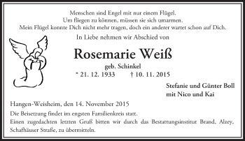 Traueranzeige von Rosemarie Weiß von  Allgemeine Zeitung Alzey