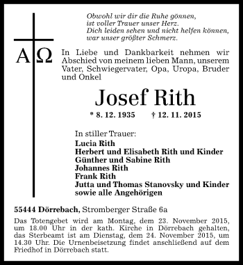 Traueranzeige von Josef Rith von  Allg. Zeitung Bad Kreuznach