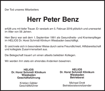 Traueranzeige von Peter Benz von trauer.rmp.de