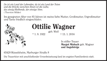 Traueranzeige von Ottilie Wagner von  Mainspitze