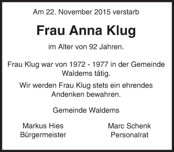 Traueranzeige von Anna Klug von  Idsteiner Zeitung