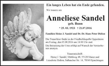 Traueranzeige von Anneliese Sandel von Trauerportal Rhein Main Presse