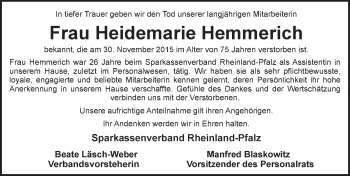 Traueranzeige von Heidemarie Hemmerich von  Allgemeine Zeitung Mainz