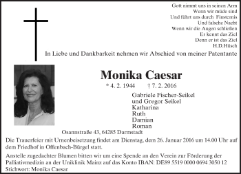 Traueranzeige von Monika Caesar von  Allgemeine Zeitung Mainz