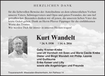 Traueranzeige von Kurt Wandelt von Trauerportal Rhein Main Presse