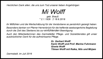 Traueranzeige von Mi Wolff von Trauerportal Echo Online