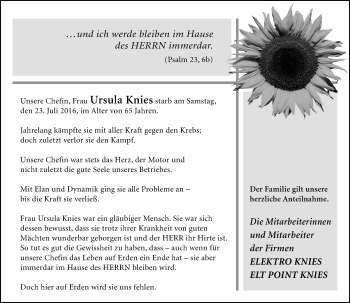 Traueranzeige von Ursula Knies von Trauerportal Rhein Main Presse